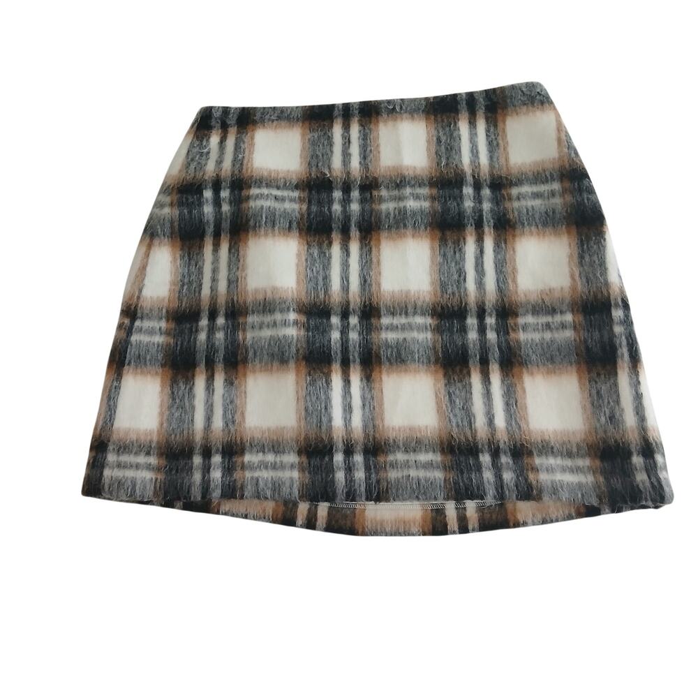 LOFT Women Skirt 10 NWT Plaid Fuzzy Brushed Mini A-Line Gray Brown Beige Zipper